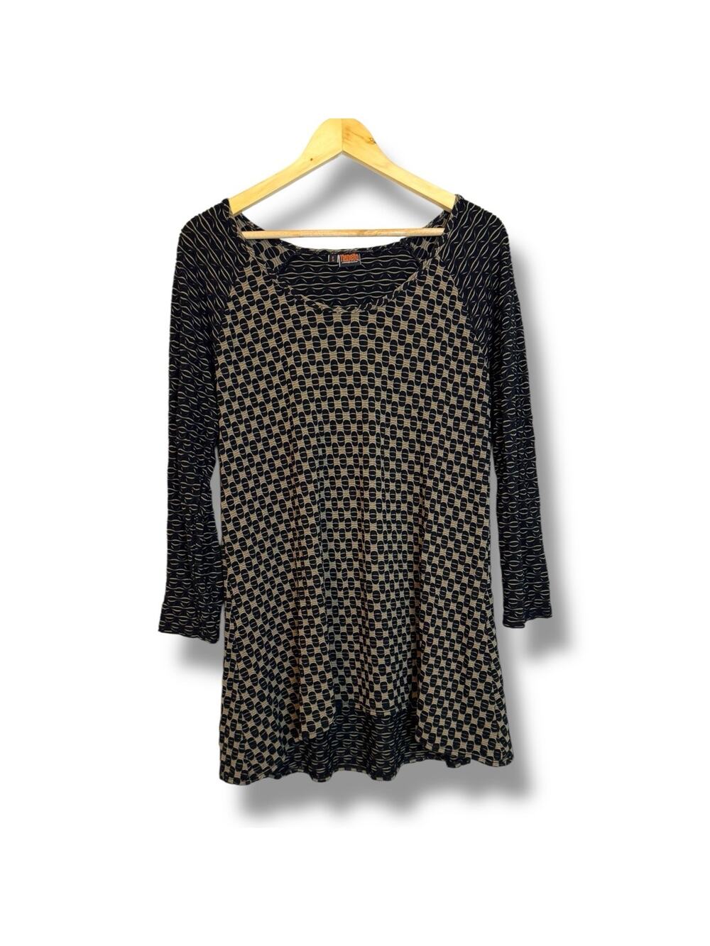 Tianello Steve Barraza Large Black Tan Geometric Textured Tunic Blouse Livia